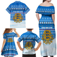 Estonia Christmas Family Matching Off Shoulder Maxi Dress and Hawaiian Shirt with Santa Otters Lights Snowflakes and National Emblem on Blue Pattern - Wonder Print Shop