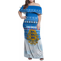 Estonia Christmas Family Matching Off Shoulder Maxi Dress and Hawaiian Shirt with Santa Otters Lights Snowflakes and National Emblem on Blue Pattern - Wonder Print Shop
