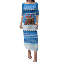 Estonia Christmas Family Matching Puletasi and Hawaiian Shirt with Santa Otters Lights Snowflakes and National Emblem on Blue Pattern - Wonder Print Shop