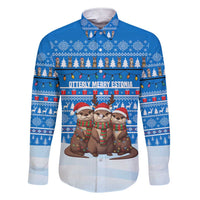 Estonia Christmas Family Matching Short Sleeve Bodycon Dress and Hawaiian Shirt with Santa Otters Lights Snowflakes and National Emblem on Blue Pattern - Wonder Print Shop