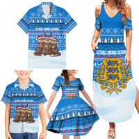 Estonia Christmas Family Matching Summer Maxi Dress and Hawaiian Shirt with Santa Otters Lights Snowflakes and National Emblem on Blue Pattern - Wonder Print Shop