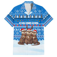 Estonia Christmas Family Matching Summer Maxi Dress and Hawaiian Shirt with Santa Otters Lights Snowflakes and National Emblem on Blue Pattern - Wonder Print Shop