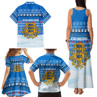 Estonia Christmas Family Matching Tank Maxi Dress and Hawaiian Shirt with Santa Otters Lights Snowflakes and National Emblem on Blue Pattern - Wonder Print Shop