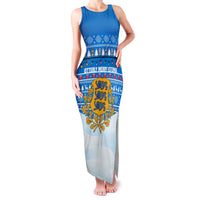 Estonia Christmas Family Matching Tank Maxi Dress and Hawaiian Shirt with Santa Otters Lights Snowflakes and National Emblem on Blue Pattern - Wonder Print Shop