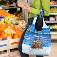 Estonia Christmas Grocery Bag with Santa Otters Lights Snowflakes and National Emblem on Blue Pattern - Wonder Print Shop