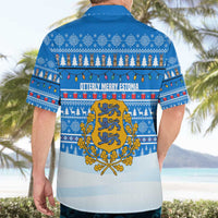 Estonia Christmas Hawaiian Shirt with Santa Otters Lights Snowflakes and National Emblem on Blue Pattern - Wonder Print Shop
