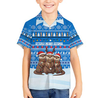 Estonia Christmas Hawaiian Shirt with Santa Otters Lights Snowflakes and National Emblem on Blue Pattern - Wonder Print Shop