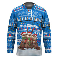 Estonia Christmas Hockey Jersey with Santa Otters Lights Snowflakes and National Emblem on Blue Pattern - Wonder Print Shop