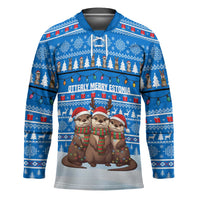 Estonia Christmas Hockey Jersey with Santa Otters Lights Snowflakes and National Emblem on Blue Pattern - Wonder Print Shop