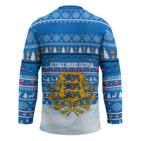 Estonia Christmas Hockey Jersey with Santa Otters Lights Snowflakes and National Emblem on Blue Pattern - Wonder Print Shop