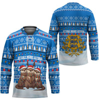 Estonia Christmas Hockey Jersey with Santa Otters Lights Snowflakes and National Emblem on Blue Pattern - Wonder Print Shop
