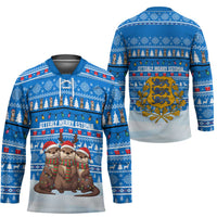 Estonia Christmas Hockey Jersey with Santa Otters Lights Snowflakes and National Emblem on Blue Pattern - Wonder Print Shop