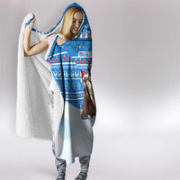 Estonia Christmas Hooded Blanket with Santa Otters Lights Snowflakes and National Emblem on Blue Pattern - Wonder Print Shop