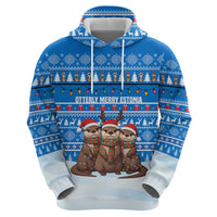 Estonia Christmas Hoodie with Santa Otters Lights Snowflakes and National Emblem on Blue Pattern - Wonder Print Shop
