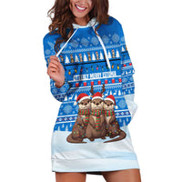 Estonia Christmas Hoodie Dress with Santa Otters Lights Snowflakes and National Emblem on Blue Pattern - Wonder Print Shop