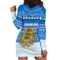 Estonia Christmas Hoodie Dress with Santa Otters Lights Snowflakes and National Emblem on Blue Pattern - Wonder Print Shop