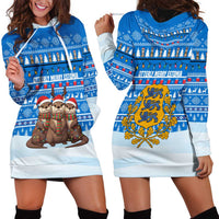 Estonia Christmas Hoodie Dress with Santa Otters Lights Snowflakes and National Emblem on Blue Pattern - Wonder Print Shop