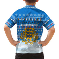 Estonia Christmas Kid Hawaiian Shirt with Santa Otters Lights Snowflakes and National Emblem on Blue Pattern - Wonder Print Shop