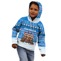 Estonia Christmas Kid Hoodie with Santa Otters Lights Snowflakes and National Emblem on Blue Pattern - Wonder Print Shop
