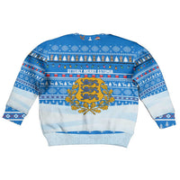 Estonia Christmas Kid Ugly Christmas Sweater with Santa Otters Lights Snowflakes and National Emblem on Blue Pattern - Wonder Print Shop