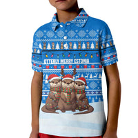 Estonia Christmas Kid Polo Shirt with Santa Otters Lights Snowflakes and National Emblem on Blue Pattern - Wonder Print Shop