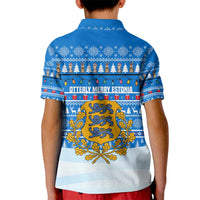 Estonia Christmas Kid Polo Shirt with Santa Otters Lights Snowflakes and National Emblem on Blue Pattern - Wonder Print Shop