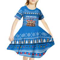 Estonia Christmas Kid Short Sleeve Dress with Santa Otters Lights Snowflakes and National Emblem on Blue Pattern - Wonder Print Shop