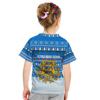 Estonia Christmas Kid T Shirt with Santa Otters Lights Snowflakes and National Emblem on Blue Pattern - Wonder Print Shop