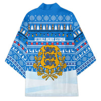 Estonia Christmas Kimono with Santa Otters Lights Snowflakes and National Emblem on Blue Pattern - Wonder Print Shop