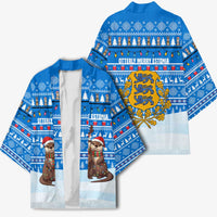 Estonia Christmas Kimono with Santa Otters Lights Snowflakes and National Emblem on Blue Pattern - Wonder Print Shop