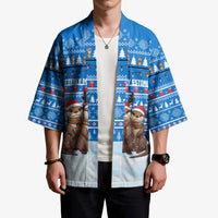 Estonia Christmas Kimono with Santa Otters Lights Snowflakes and National Emblem on Blue Pattern - Wonder Print Shop