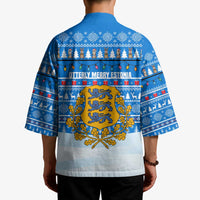 Estonia Christmas Kimono with Santa Otters Lights Snowflakes and National Emblem on Blue Pattern - Wonder Print Shop