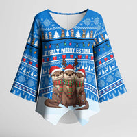 Estonia Christmas Kimono Sleeve Blouse with Santa Otters Lights Snowflakes and National Emblem on Blue Pattern - Wonder Print Shop