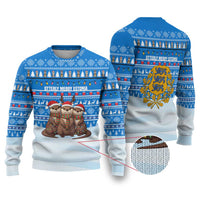Estonia Christmas Ugly Christmas Sweater with Santa Otters Lights Snowflakes and National Emblem on Blue Pattern - Wonder Print Shop