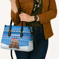 Estonia Christmas Leather Bag with Santa Otters Lights Snowflakes and National Emblem on Blue Pattern - Wonder Print Shop
