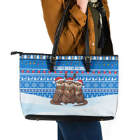 Estonia Christmas Leather Tote Bag with Santa Otters Lights Snowflakes and National Emblem on Blue Pattern - Wonder Print Shop