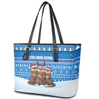 Estonia Christmas Leather Tote Bag with Santa Otters Lights Snowflakes and National Emblem on Blue Pattern - Wonder Print Shop