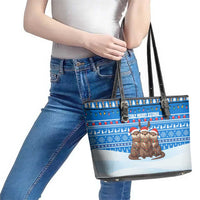 Estonia Christmas Leather Tote Bag with Santa Otters Lights Snowflakes and National Emblem on Blue Pattern - Wonder Print Shop
