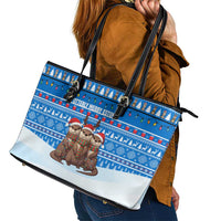 Estonia Christmas Leather Tote Bag with Santa Otters Lights Snowflakes and National Emblem on Blue Pattern - Wonder Print Shop