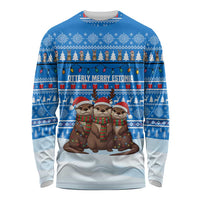 Estonia Christmas Long Sleeve Shirt with Santa Otters Lights Snowflakes and National Emblem on Blue Pattern - Wonder Print Shop