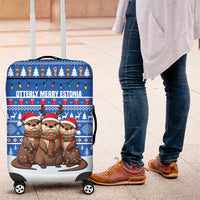 Estonia Christmas Luggage Cover with Santa Otters Lights Snowflakes and National Emblem on Blue Pattern - Wonder Print Shop
