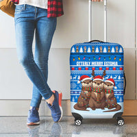 Estonia Christmas Luggage Cover with Santa Otters Lights Snowflakes and National Emblem on Blue Pattern - Wonder Print Shop