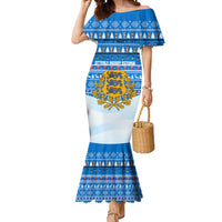 Estonia Christmas Mermaid Dress with Santa Otters Lights Snowflakes and National Emblem on Blue Pattern - Wonder Print Shop