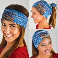 Estonia Christmas Neck Gaiter with Santa Otters Lights Snowflakes and National Emblem on Blue Pattern - Wonder Print Shop