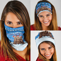 Estonia Christmas Neck Gaiter with Santa Otters Lights Snowflakes and National Emblem on Blue Pattern - Wonder Print Shop