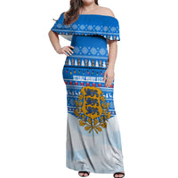 Estonia Christmas Off Shoulder Maxi Dress with Santa Otters Lights Snowflakes and National Emblem on Blue Pattern - Wonder Print Shop