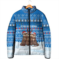 Estonia Christmas Padded Jacket with Santa Otters Lights Snowflakes and National Emblem on Blue Pattern - Wonder Print Shop
