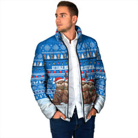 Estonia Christmas Padded Jacket with Santa Otters Lights Snowflakes and National Emblem on Blue Pattern - Wonder Print Shop