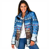 Estonia Christmas Padded Jacket with Santa Otters Lights Snowflakes and National Emblem on Blue Pattern - Wonder Print Shop