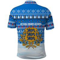 Estonia Christmas Polo Shirt with Santa Otters Lights Snowflakes and National Emblem on Blue Pattern - Wonder Print Shop